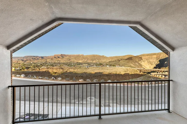 Covered balcony overlooking the Virgin River valley and canyon bluffs